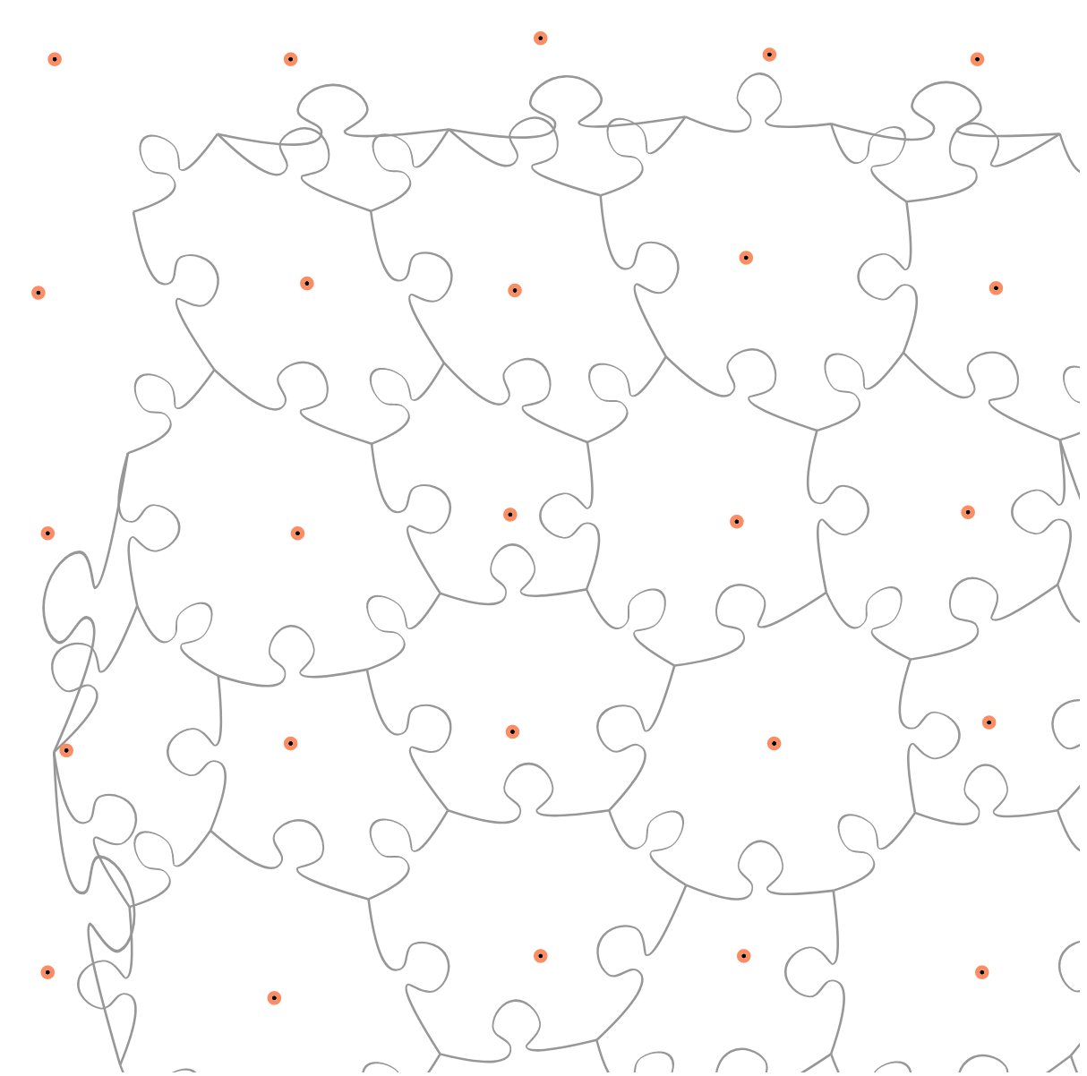 Similar to the previous image, polygons constructed by voronoi tiling then have their edges deformed using puzzle-piece-like squiggles. There is some overlap between lines so this would not make a good puzzle.