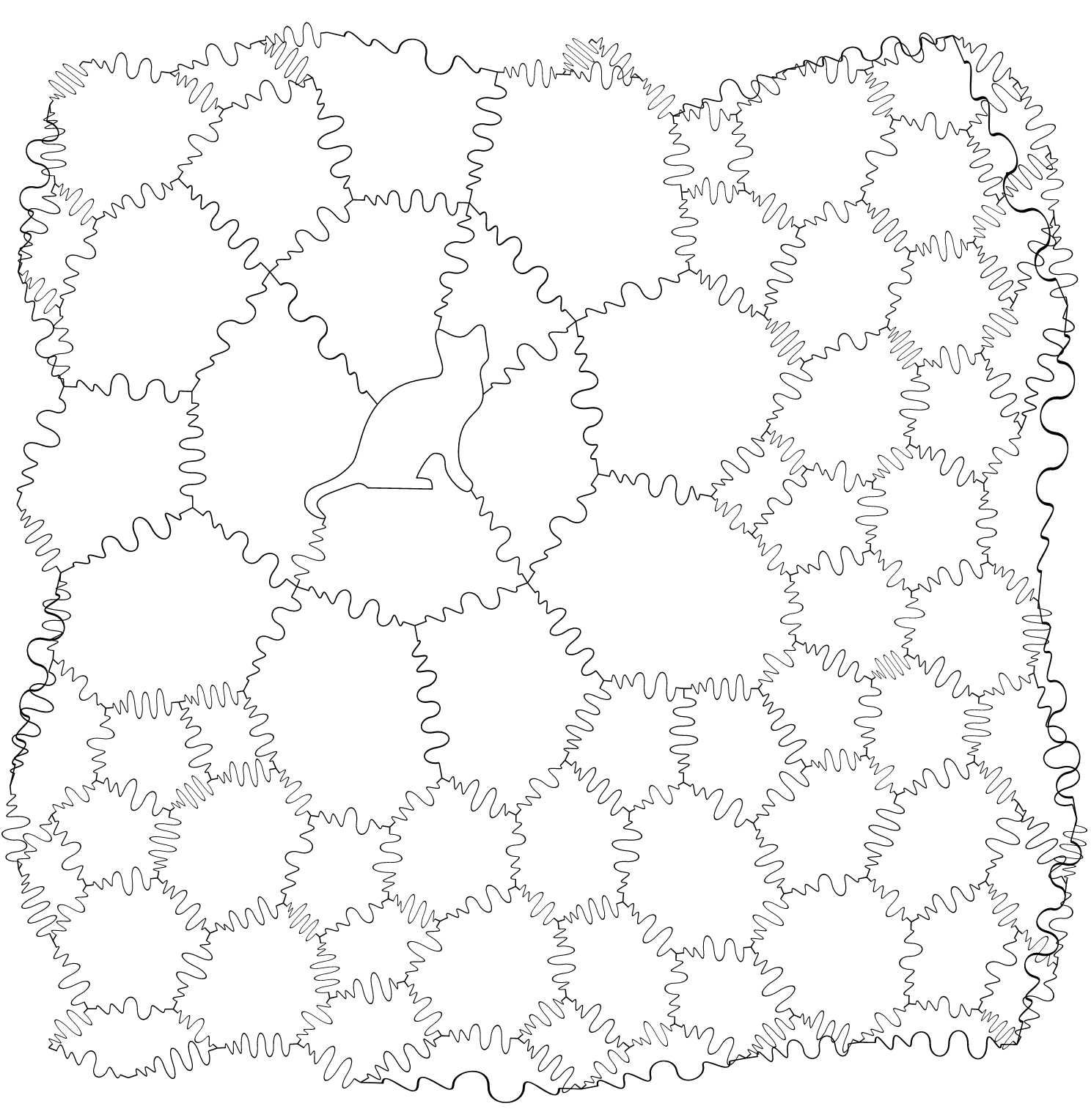 A black-and-white outline of a jigsaw puzzle. There's a cat shaped piece in the top left.