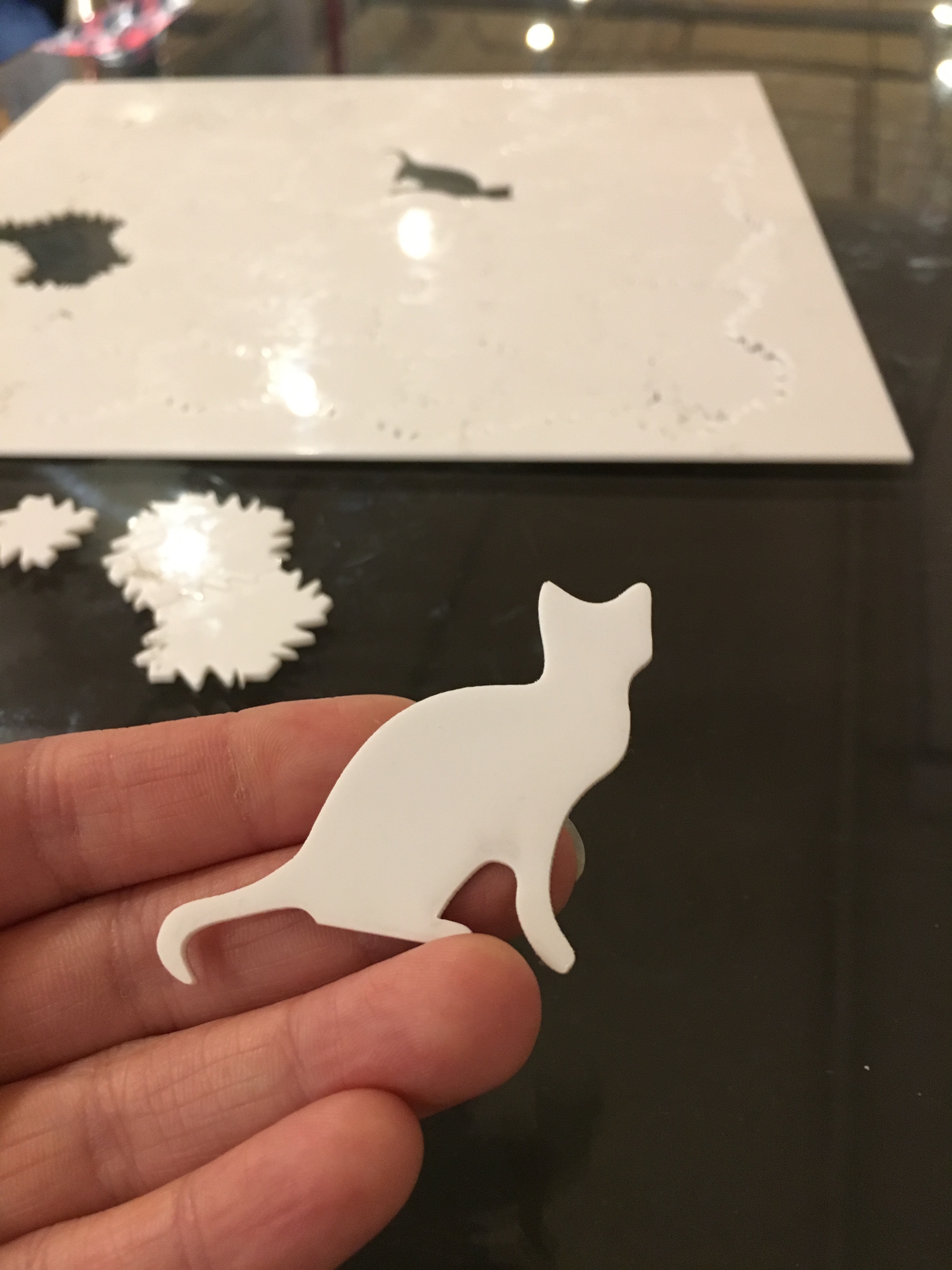 A hand holding the cat-shaped puzzle piece.